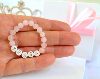 Personalized Rose Quartz Baby Bracelet, Newborn Jewelry, Baby Shower Gift
