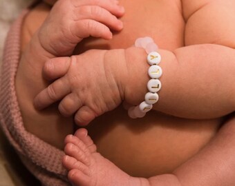 Pink Rose Quartz Baby Bracelet, Personalized Infant Bracelet, Baby Shower Gift, Baby Announcement, Pink Girls Bracelet, Baby Jewelry
