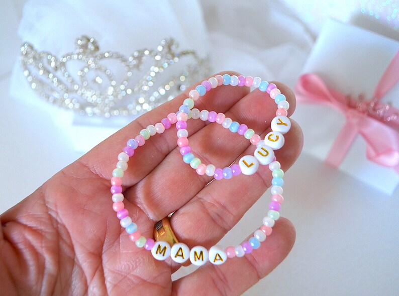 First Day School Mother & Daughter Gift, Rainbow Glass Seed Glossy Personalized Name Bracelet, Girl Bracelet, Baby Shower Gift, Mama Mini image 3