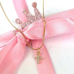 Tiny Diamond Cross Gold Necklace, Children&#39;s or Adult 17 Inch Gold Necklace, Baptism Baby Shower Gift, First Communion, Newborn Christening