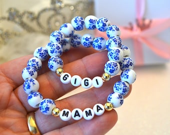 Bohemian Blue Flower Porcelain Mother Daughter Bracelet, Mama Mini Bracelet, Personalized Daughter Mom Gift, Girls Bracelet, Besties, BFF