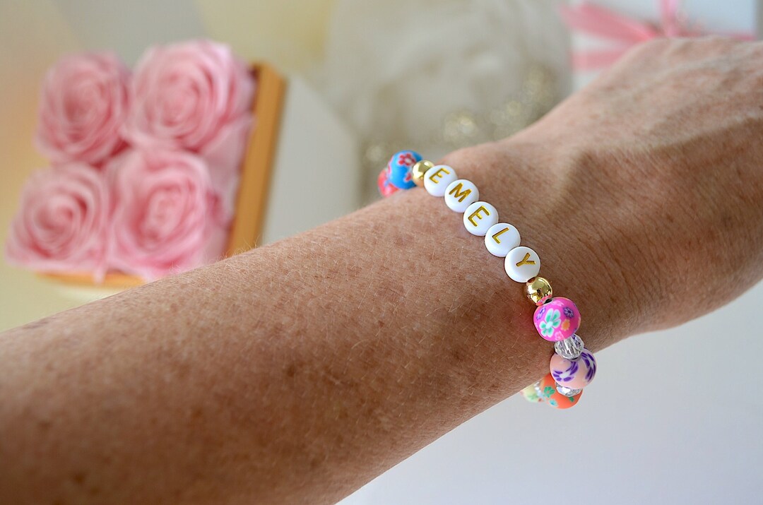 Daisy Flower Girl Bracelet, Summer Flower Girls Bracelet, Name Bracelet, Personalized Clay Kids