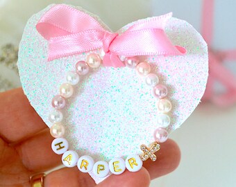 Personalized Rhinestone Cross Pearl Baby Bracelet, Girls Baptism, First Communion and Baby Shower Gift, Pink Ivory Pearl Jewelry, Rosary