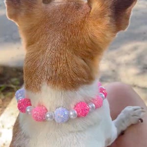 Colar de pérolas rosa para cachorro, colar de pérolas rosa princesa para cachorro, colar iridescente, etiqueta de identificação de pérolas para animais de estimação, joias para animais de estimação, colar para animais de estimação, presentes para animais de estimação