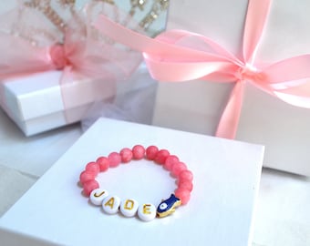 Personalized Red Jade Baby Bracelet, Evil Eye Charm, Custom Name
