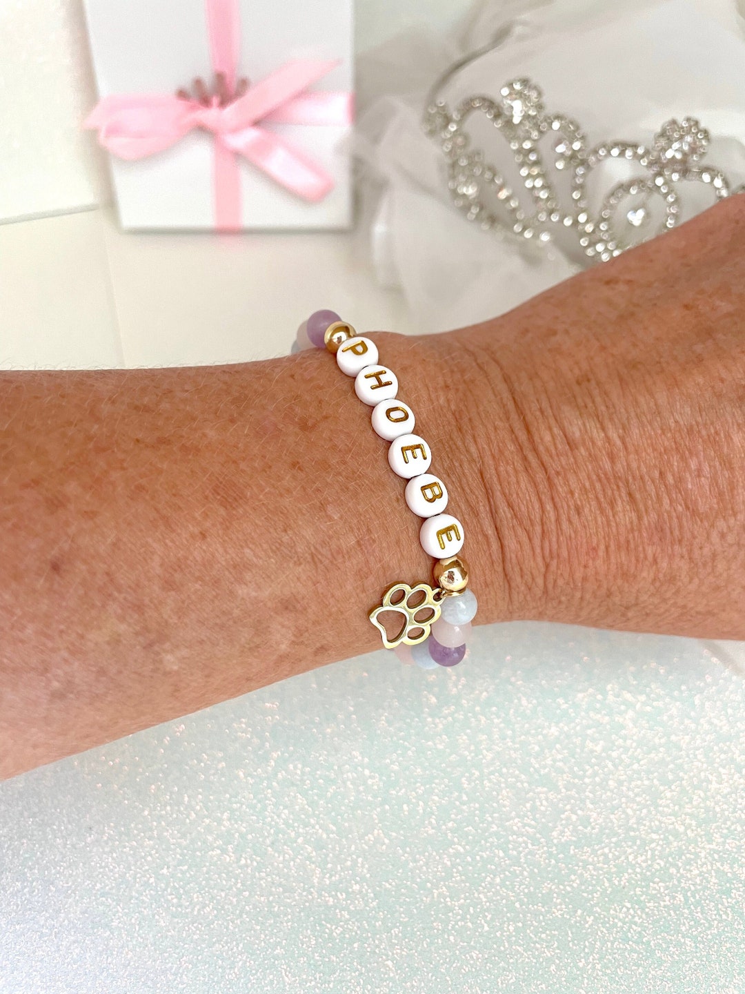 Personalized Pet Name Bracelet, Two 18K Gold Beads, Mothers Day Gift