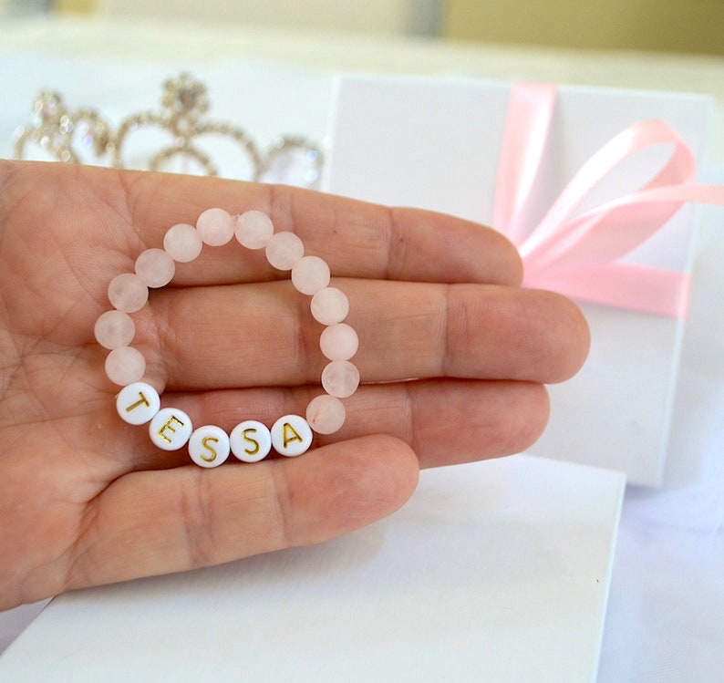 Pink Rose Quartz Baby Bracelet, Personalized Infant Bracelet, Baby Shower Gift, Baby Announcement, Pink Girls Bracelet, Baby Jewelry Toddler Comes withOrganzaBag