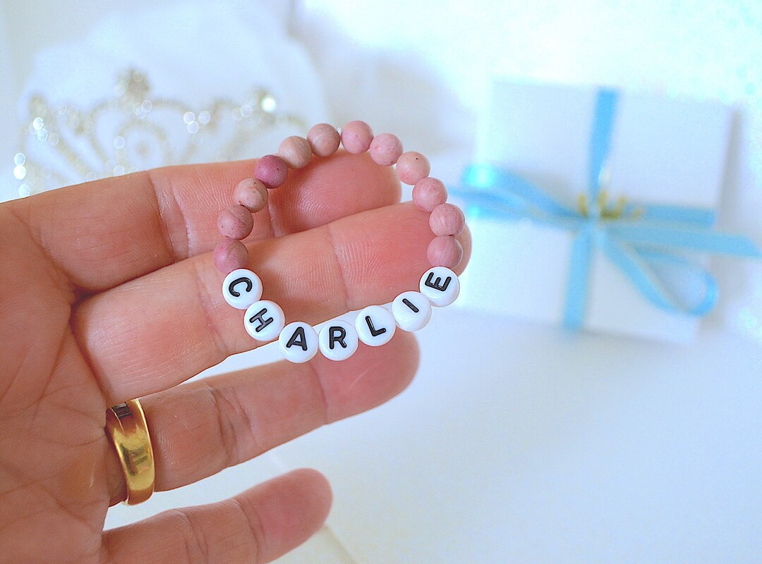 Tiny Baby Boy Name Bracelet, Rhodonite Gemstone Boys Personalized