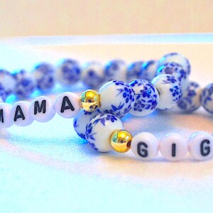 Bohemian Blue Flower Porcelain Mother Daughter Bracelet, Mama Mini Bracelet, Personalized Daughter Mom Gift, Girls Bracelet, Besties, BFF