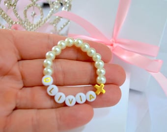 Personalized Baby Pearl Bracelet, 18K Gold Cross, Baptism Gift