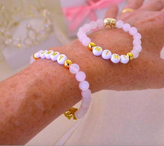 Mama and Me Rose Quartz Elephant Bracelet Set, Personalized Mommy