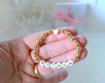 Gold Heart Bracelet, Gold Heart Girls Bracelet, 6mm and 4mm Beads, Personalized Jewelry, Newborn Baby Bracelet, Baby Shower Gifts, Baby Girl