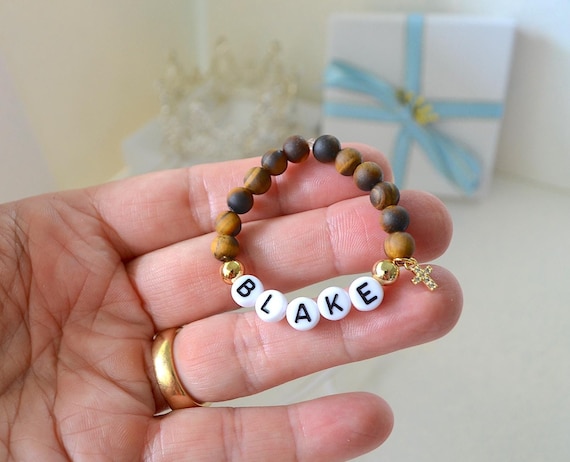 Baby Boy Tiger Eye Cross Bracelet, Baby Shower Baptism Gift