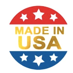 Pode incluir: Um adesivo circular vermelho, branco e azul com tr&ecirc;s estrelas brancas na parte superior e inferior e o texto "MADE IN USA" em letras douradas.