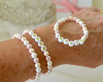 Personalized Mama And Baby Pearl Bracelet Set, Mother Daughter Matching Jewelry, Baby Shower Gift, Newborn Name Bracelet, Girls Bracelet