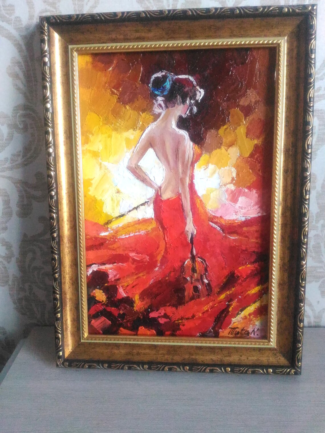 Woman Art Red Dress Art Lady in Red Girl With Violin Frame Etsy UK