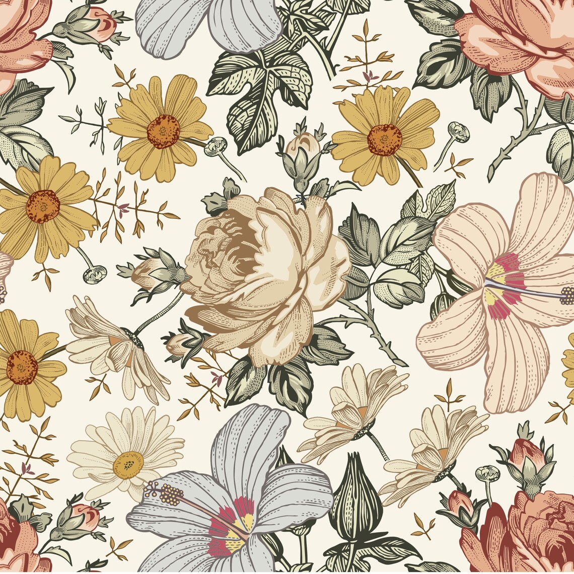 Earth Tone Floral Removable Wallpaper Etsy