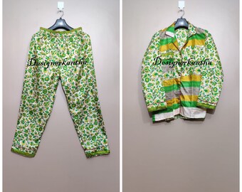 Green Pure Silk Fabric pj Sets Night Suit, Indian Silk Art pyjama Set, Woman Night Suit, Soft Sleepwear Dress, Floral Pj Set, One Of A Kind