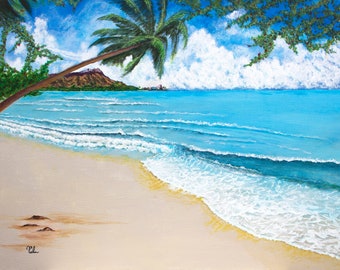 LEAHI BEACH - Hawaii Beach Painting, Hawaiian Ocean Creation, Beach Canvas , Hawaii Canvas, Hawaii Beach Art, Hawaii ocean print
