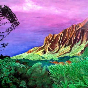 VALLÉE DE KALALAU - peinture de montagne d'Hawaï, toile de montagne, toile d'Hawaï, art d'Hawaï, Kauai, art hawaïen