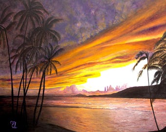 EMBRACING SUNSET - Hawaii Beach Painting, Hawaiian Ocean Creation, Beach Canvas , Hawaii Canvas, Hawaii Beach Art, Hawaii ocean print