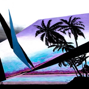 May include: Abstract painting with a purple, blue and white background. Silhouettes of palm trees are visible through a geometric window frame.