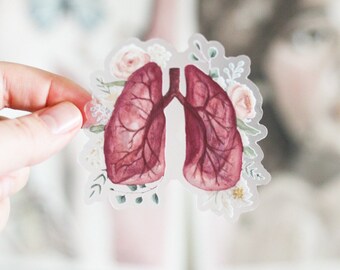 May include: A clear sticker with a watercolor illustration of a pair of lungs surrounded by pink and white flowers and green leaves.