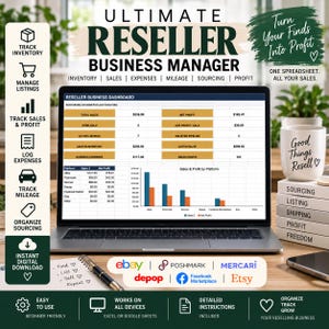 Könnte beinhalten: Eine digitale Reseller-Business-Manager-Tabelle auf einem Laptop-Bildschirm mit einem Dashboard für Verkaufs-, Gewinn- und Ausgabendaten. Das Layout enthält Symbole zur Nachverfolgung von Inventar und Verkäufen sowie eine Tasse mit Good Things Resell.