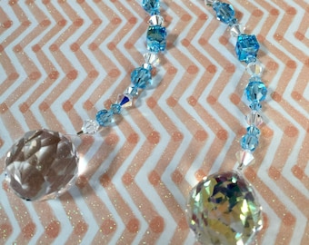 6” Aquamarine Sun catcher, Car Charm made w/ Swarovski Crystal beads, March Birthstone  Rearview Mirror Suncatcher, car accessory , 2 styles
