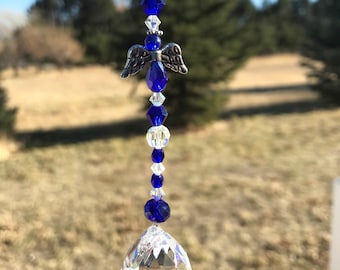 Cobalt Blue Guardian Angel Suncatcher Rearview mirror Car Charm ,Hanging Window Art Ornament Prism made w/ Swarovski crystal beads, 6”