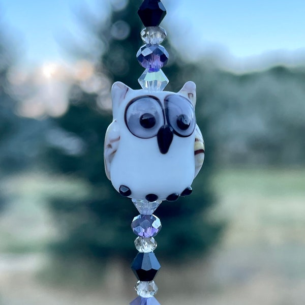 5 1/2” OWL Lampwork  Suncatcher, Swarovski Crystal beaded, window,  car charm, rearview mirror, Purple/white sun catcher. Makes a GREAT GIFT