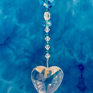 8 1/2” HEART Sun Catcher Made with Swarovski Crystals Comes with chain. Hang in Window or outside.Blue  Crystal suncatcher, Rainbow maker