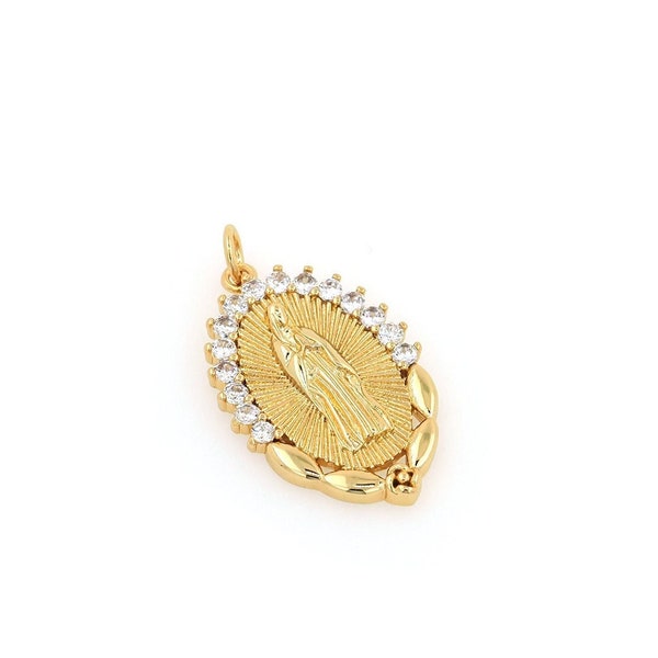 31x17x2.8mm，18K Gold Filled Oval Pendant, Micropaved Zircon Virgin Mary Necklace, Catholic Charm, DIY Jewelry Crafting