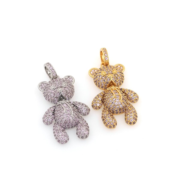 45.5x23x7.4mm，18K Gold Stuffed Bear Pendant, Micro Set Zircon Teddy Bear Necklace, Adorable Bear Charm, DIY Jewelry Crafting