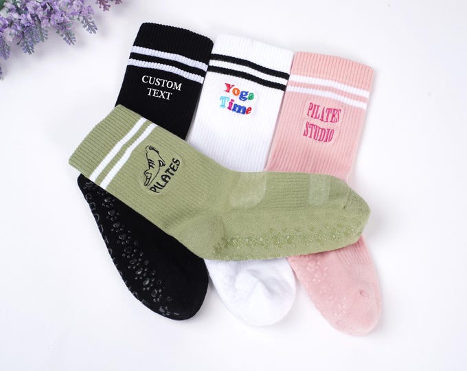 Custom Embroidered Yoga Pilates Socks,Custom Pilates socks with text,logo,grip yoga socks Gift for Yoga lover teacher instructor,Party Gift.