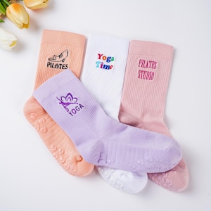 Custom embroidery Yoga Socks,Fitness Crew Socks,with your text,logo personalization Women Pilates Socks, Non Slip Trainer Socks, Party Gift.