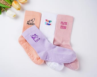 Custom embroidery Yoga Socks,Fitness Crew Socks,with your text,logo personalization Women Pilates Socks, Non Slip Trainer Socks, Party Gift.