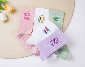 Embroidery Pilates Socks,Personalization Women Pilates Socks, Fitness Crew Socks,Non Slip Trainer Socks, personalized Socks for Yoga lovers.