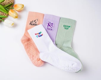 Custom Pilates Grip Socks,socks with text,logo, Women sports gym socks,Bride Socks, Women Yoga Trainer socks,Gift for Bridesmaid,Team socks.