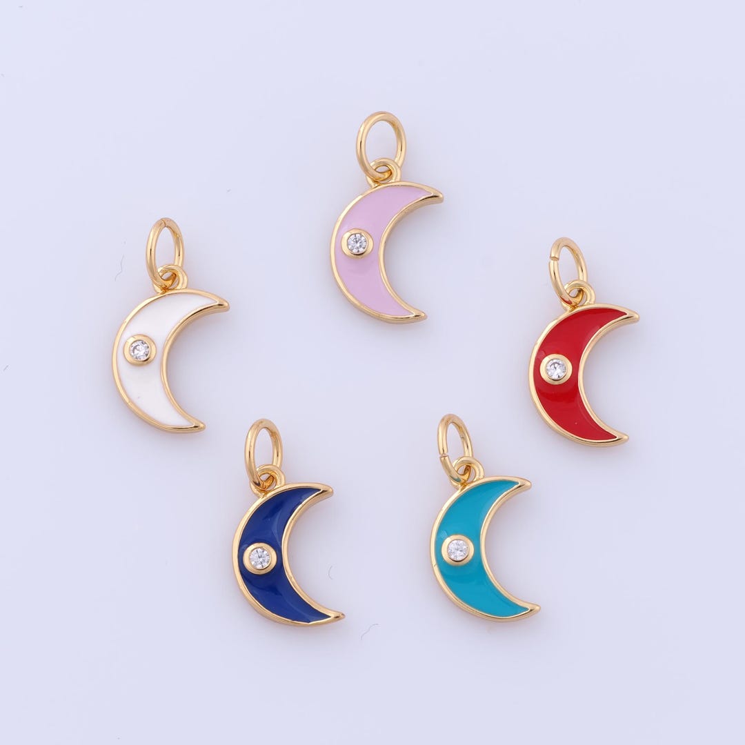 18K Gold Filled Enamel Crescent Moon Pendant,moon Charm,micropavé