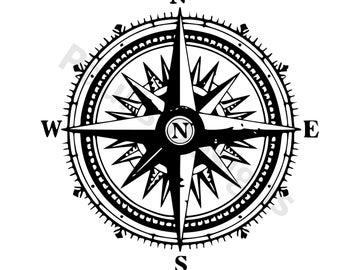 May include: A black and white graphic illustration of a compass rose featuring a central circle with the letter N inside. The design includes four primary cardinal directions labeled N, S, E, and W, surrounded by intricate geometric patterns.