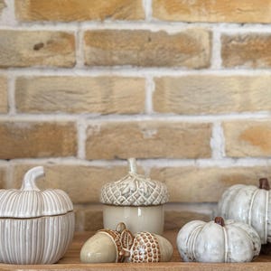 May include: A collection of ceramic autumn-themed decorations, including pumpkins and acorns, in shades of white and beige. The pumpkin-shaped containers have lids and are ribbed. The acorn-shaped container has a textured lid. The decorations are displayed on a wooden surface.