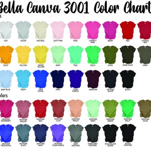 May include: Color chart showing 3001 Bella + Canvas t-shirt colors. The chart includes solid colors like white, ash, silver, natural, soft pink, pink, charity pink, berry, red, canvas red, cardinal, burnt orange, gold, yellow, maize yellow, mint, teal, kelly, olive, dark olive, army, forest, light blue, baby blue, aqua, true royal, navy, team purple, maroon, vintage black, black, and heather colors like athletic heather, heather raspberry, heather mauve, heather red, heather clay, heather peach, heather mint, heather green, heather kelly, heather olive, heather prism ice blue, heather columbia blue, heather true royal, heather slate, heather navy, team purple, deep heather, dark grey heather, solid black blend, and black heather.