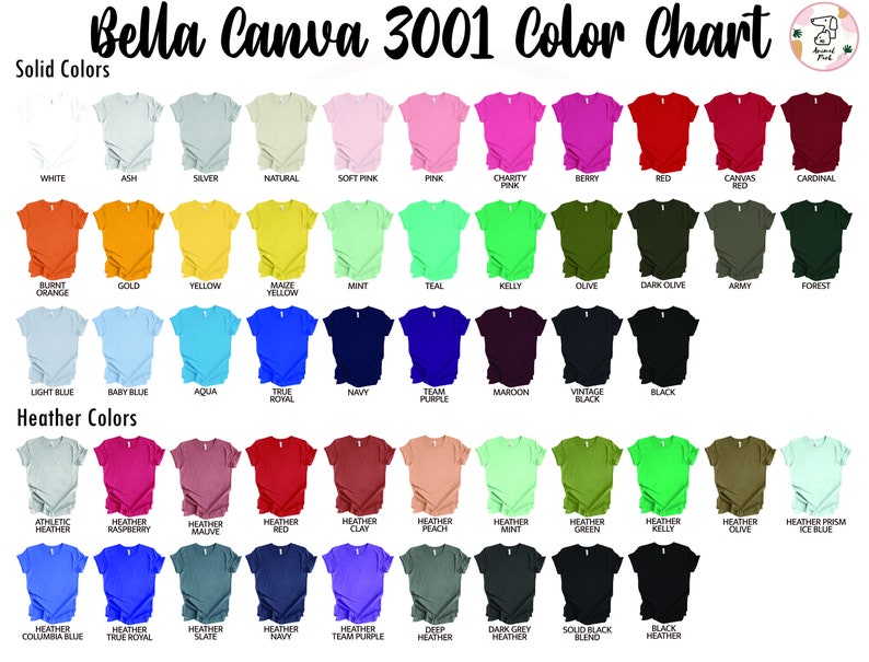 May include: Color chart showing 3001 Bella + Canvas t-shirt colors. The chart includes solid colors like white, ash, silver, natural, soft pink, pink, charity pink, berry, red, canvas red, cardinal, burnt orange, gold, yellow, maize yellow, mint, teal, kelly, olive, dark olive, army, forest, light blue, baby blue, aqua, true royal, navy, team purple, maroon, vintage black, black, and heather colors like athletic heather, heather raspberry, heather mauve, heather red, heather clay, heather peach, heather mint, heather green, heather kelly, heather olive, heather prism ice blue, heather columbia blue, heather true royal, heather slate, heather navy, team purple, deep heather, dark grey heather, solid black blend, and black heather.