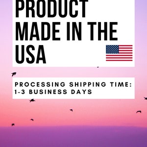 May include: A pink and purple sunset sky with a flock of birds flying over a body of water. The text "PRODUCT MADE IN THE USA" is displayed in a white box with an American flag graphic. Below the text is a white box with the text "PROCESSING SHIPPING TIME: 1-3 BUSINESS DAYS".