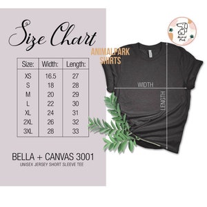 May include: Size chart for Bella + Canvas 3001 unisex jersey short sleeve tee shirts. The chart shows sizes XS through 3XL with corresponding width and length measurements in inches.