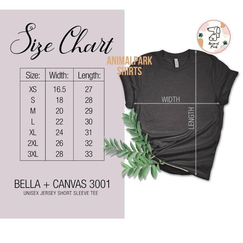May include: Size chart for Bella + Canvas 3001 unisex jersey short sleeve tee shirts. The chart shows sizes XS through 3XL with corresponding width and length measurements in inches.