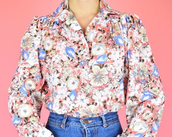 Vintage 70\u2019s blouse women\u2019s xxl purple yellow floral print