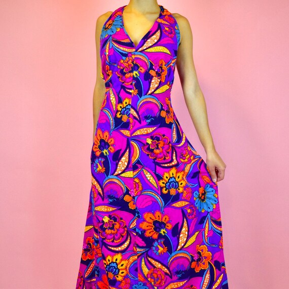 vintage 70s purple psychedelic dress