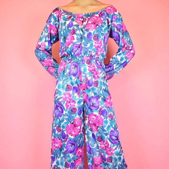 vintage 80s purple blue floral jumpsuit
